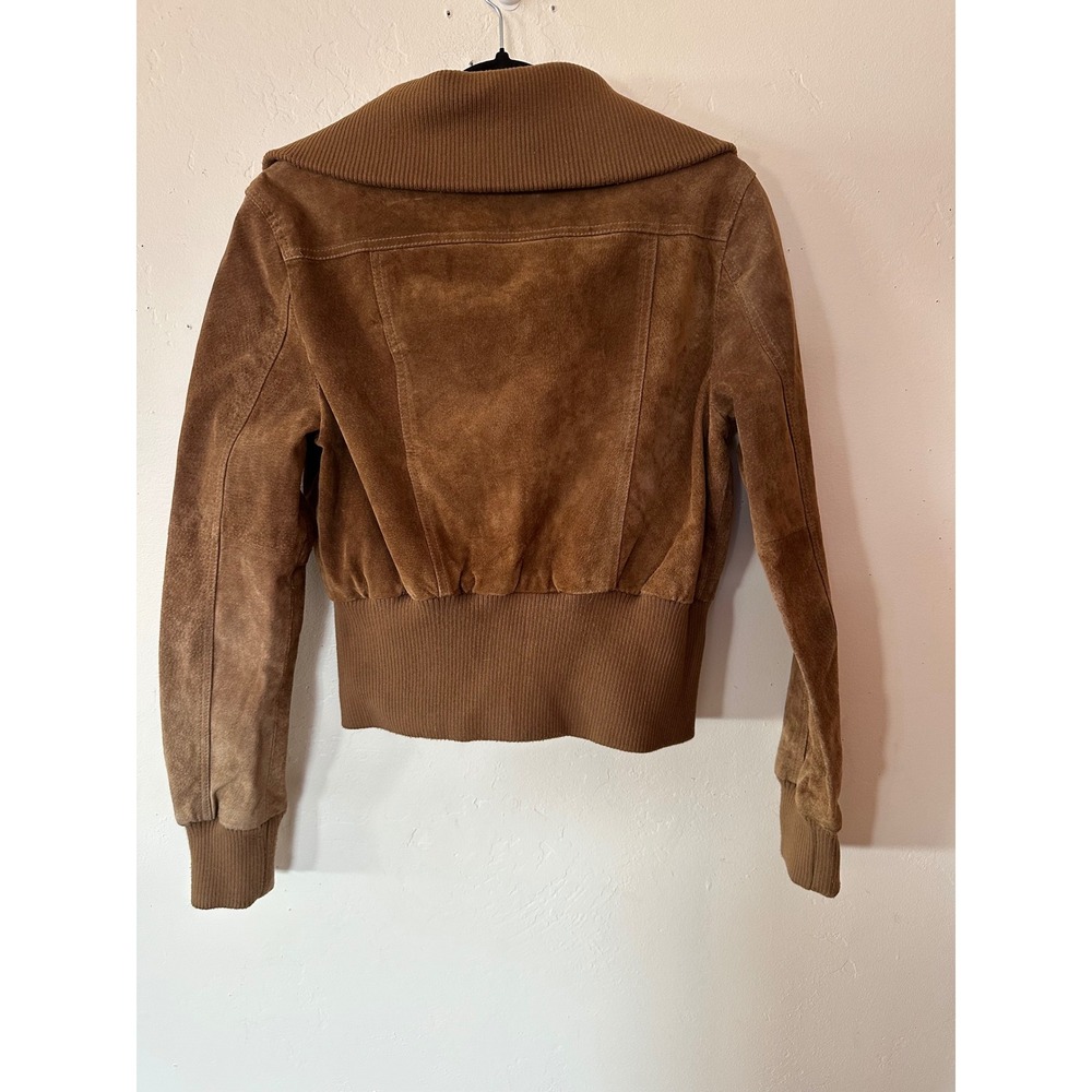 Joujou Brown Suede Leather Bomber Jacket Ribbed Collar Cropped Y2K small/medium - Picture 10 of 16